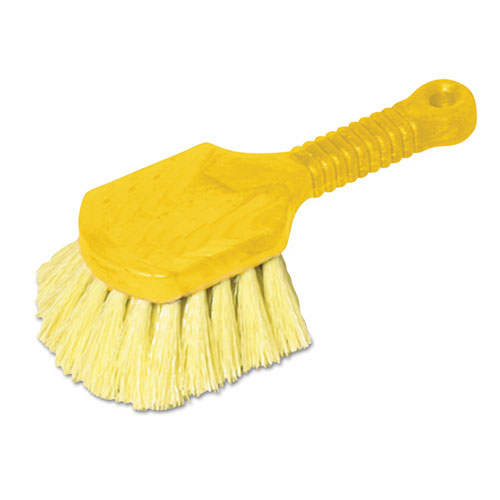 Image of Rubbermaid® Commercial Long Handle Scrub, Yellow Synthetic Bristles, 8" Brush, 8" Gray Plastic Handle