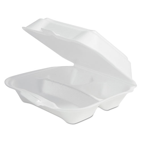 Foam Hinged Lid Container Secure One Tab Latch, 3-Compartment, 7.81 x 8.75 x 3.38, White, 100/Sleeve, 2 Sleeves/Bag, 1 Bag/PK