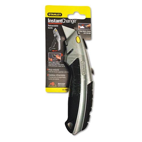 Image of Stanley® Curved Quick-Change Utility Knife, Stainless Steel Retractable Blade, 3 Blades, 6.5" Metal Handle, Black/Chrome