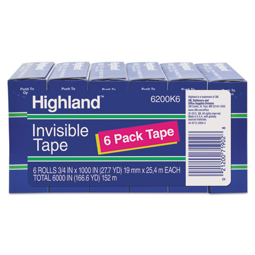 Image of Invisible Permanent Mending Tape, 1" Core, 0.75" x 83.33 ft, Clear, 6/Pack