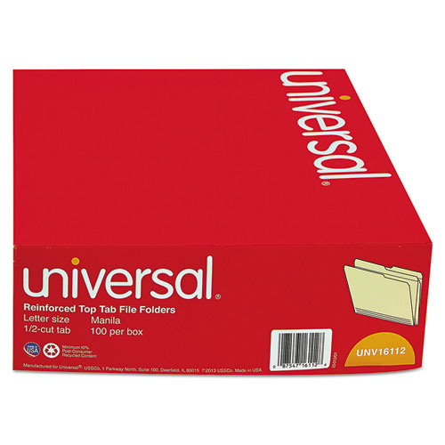 Image of Universal® Double-Ply Top Tab Manila File Folders, 1/2-Cut Tabs: Assorted, Letter Size, 0.75" Expansion, Manila, 100/Box