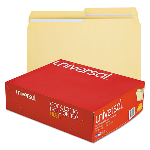 Image of Universal® Double-Ply Top Tab Manila File Folders, 1/2-Cut Tabs: Assorted, Letter Size, 0.75" Expansion, Manila, 100/Box