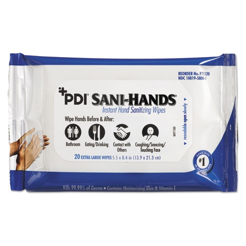 PDI SANI-HANDS INSTANT HAND SANITIZING WIPES, 5.5X8.4,WHITE,20/PACK, 48PK/CT