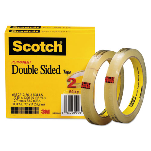 Double-Sided Tape, 3" Core, 0.5" x 36 yds, Clear, 2/Pack