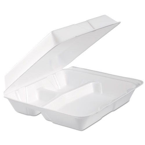 Foam Hinged Lid Container, 3-Comp, 9.3 x 9 1/2 x 3, White, 100/Bag, 2 Bag/Carton | by Plexsupply