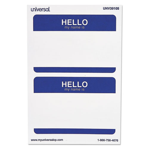 Image of Universal® "Hello" Self-Adhesive Name Badges, 3 1/2 X 2 1/4, White/Blue, 100/Pack