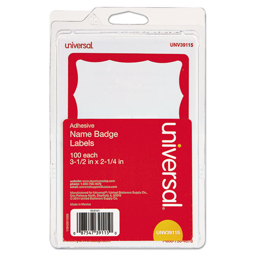Universal® Border-Style Self-Adhesive Name Badges, 3 1/2 x 2 1/4, White/Red, 100/Pack