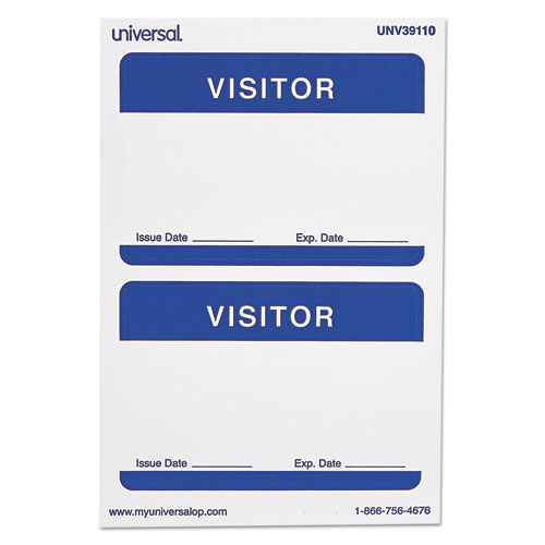 Image of Universal® "Visitor" Self-Adhesive Name Badges, 3 1/2 X 2 1/4, White/Blue, 100/Pack