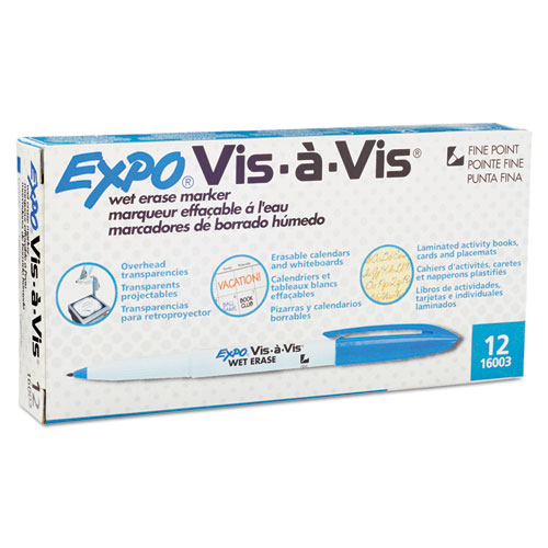 Image of Expo® Vis-A-Vis Wet Erase Marker, Fine Bullet Tip, Blue, Dozen