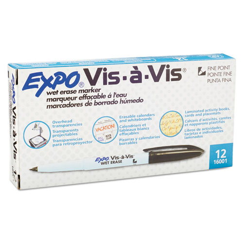 EXPO® Vis-a-Vis Wet Erase Marker, Fine Bullet Tip, Black, Dozen