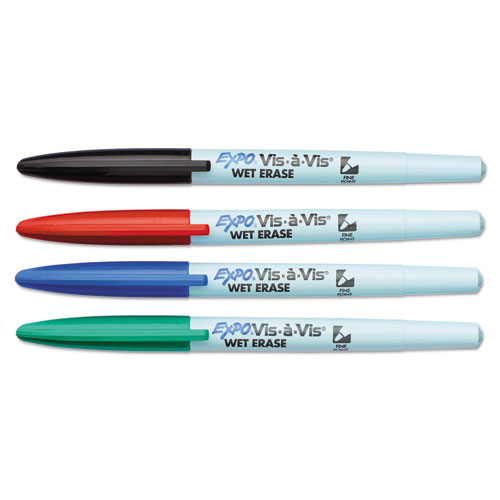 Vis--Vis Wet Erase Marker, Fine Bullet Tip, Assorted Colors, 4/Set