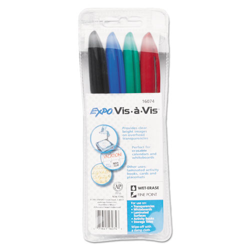 Vis-a-Vis Wet Erase Marker, Fine Bullet Tip, Assorted Colors, 4