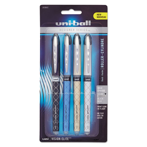 uni-ball® VISION ELITE Designer Series Roller Ball Pen, Stick, Bold 0.8 mm, Black Ink, Assorted Barrel Colors, 4/Pack