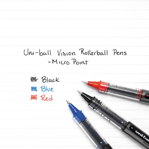 VISION Stick Roller Ball Pen, Micro 0.5mm, Blue Ink, Blue/Gray Barrel, Dozen