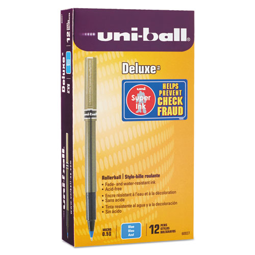Deluxe Roller Ball Stick Waterproof Pen, Blue Ink, Micro, Dozen