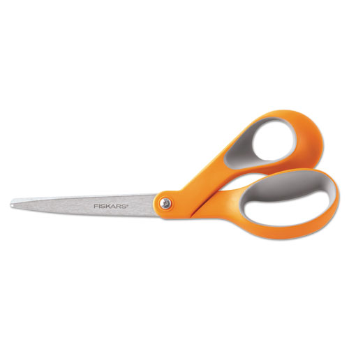 Home and Office Scissors, 8" Long, 3.5" Cut Length, Orange/Gray Offset Handle