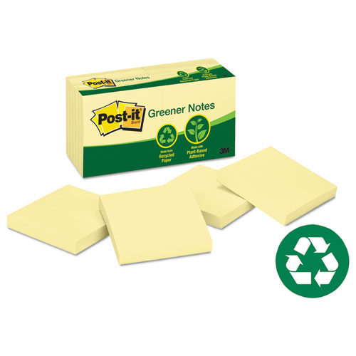 Image of Post-It® Greener Notes Original Recycled Note Pads, 3" X 3", Canary Yellow, 100 Sheets/Pad, 12 Pads/Pack