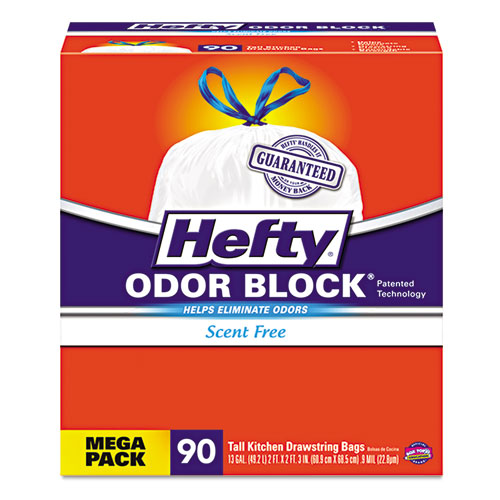Hefty® Odor Block Tall-Kitchen Drawstring Bags, 13gal, .9 mil, White, 90/BX, 3 BX/CT