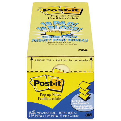Image of Original Canary Yellow Pop-up Refill Cabinet Pack, 3" x 3", Canary Yellow, 90 Sheets/Pad, 18 Pads/Pack