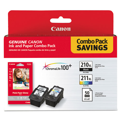 Canon® 2973B004 (PGI-210XL/CL-211XL) ChromaLife100+ High-Yield Ink/Paper Combo, Black/Tri-Color