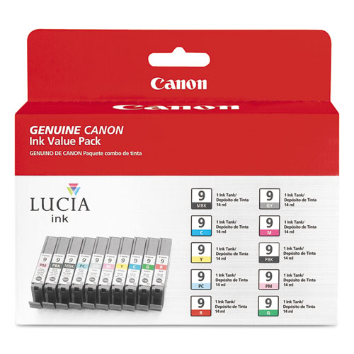 Image of Canon® 1033B005 (Pgi-9) Lucia Ink, Cyan/Gray/Green/Magenta/Matte Black/Photo Black/Photo Cyan/Photo Magenta/Red/Yellow, 10/Pack