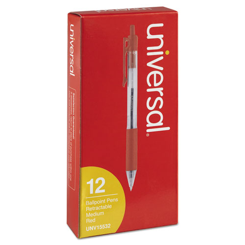Comfort Grip Retractable Ballpoint Pen, Medium 1mm, Red Ink, Clear Barrel, Dozen