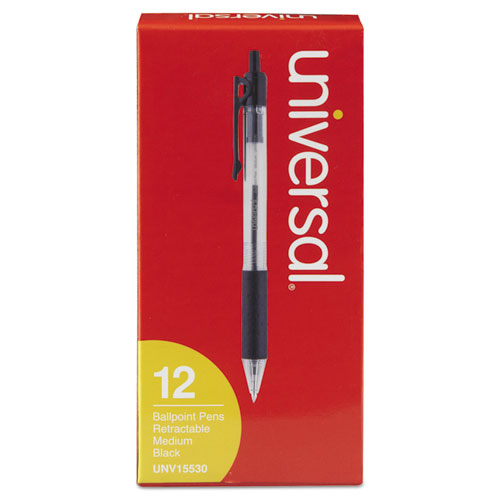 Comfort Grip Ballpoint Pen, Retractable, Medium 1 mm, Black Ink, Clear Barrel, Dozen