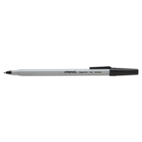 Stick Ballpoint Pen, Fine 0.7mm, Black Ink, Gray Barrel, Dozen