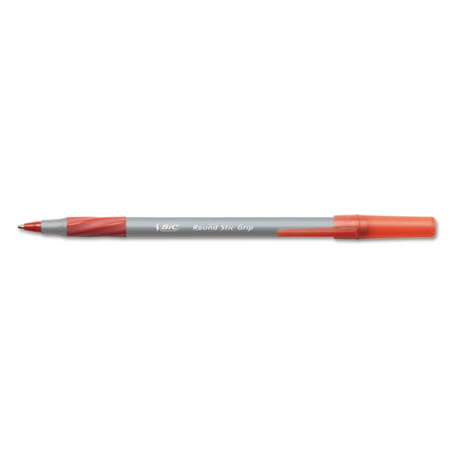 Round Stic Grip Xtra Comfort Stick Ballpoint Pen, 0.8mm, Red Ink, Gray Barrel, Dozen | by Plexsupply