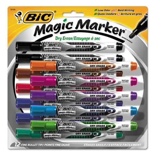 BIC® Magic Marker Low Odor & Bold Writing Dry Erase Marker Pen, Bullet, Assort, Dozen