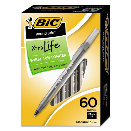 BIC® Round Stic Xtra Life Ballpoint Pen Value Pack, Stick, Medium 1 mm, Black Ink, Translucent Frost Barrel, 60/Box