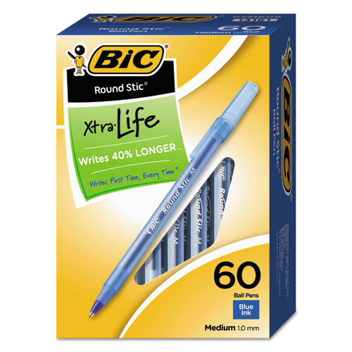 Round+Stic+Xtra+Life+Ballpoint+Pen+Value+Pack%2C+Stick%2C+Medium+1+mm%2C+Blue+Ink%2C+Translucent+Blue+Barrel%2C+60%2FBox