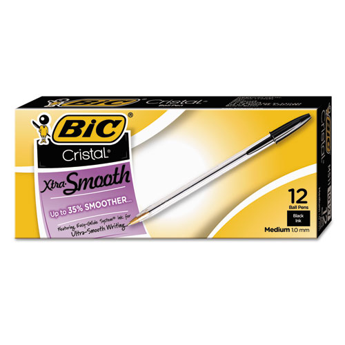 Image of Bic® Cristal Xtra Smooth Ballpoint Pen, Stick, Medium 1 Mm, Black Ink, Clear Barrel, Dozen