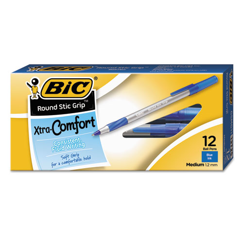 Round Stic Grip Xtra Comfort Stick Ballpoint Pen, 1.2mm, Blue Ink, Gray Barrel, Dozen