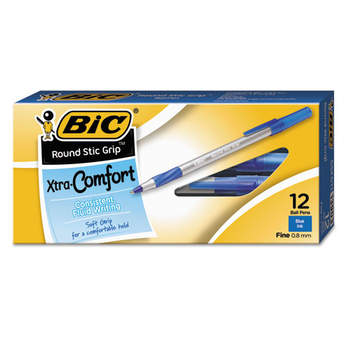 Round Stic Grip Xtra Comfort Stick Ballpoint Pen, 0.8mm, Blue Ink, Gray Barrel, Dozen