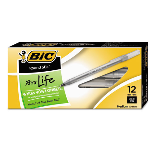 BIC® Round Stic Xtra Life Ballpoint Pen, Stick, Medium 1 mm, Black Ink, Translucent Black Barrel, Dozen
