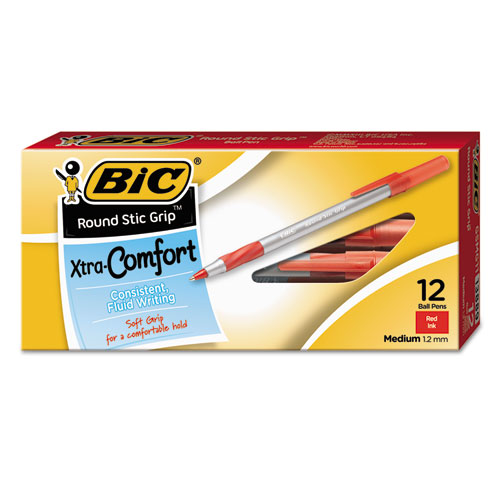 Round Stic Grip Xtra Comfort Stick Ballpoint Pen, 1.2mm, Red Ink, Gray Barrel, Dozen