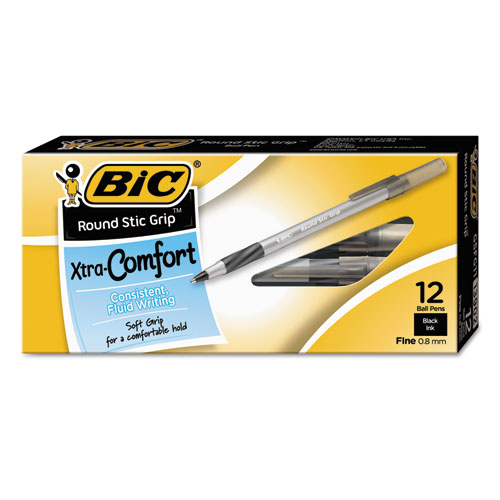 Round Stic Grip Xtra Comfort Stick Ballpoint Pen, 0.8mm, Black Ink, Gray Barrel, Dozen