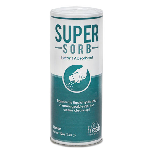 Fresh Products Super-Sorb Liquid Spill Absorbent, Lemon Scent, 720 oz, 12 oz Shaker Can, 6/Box