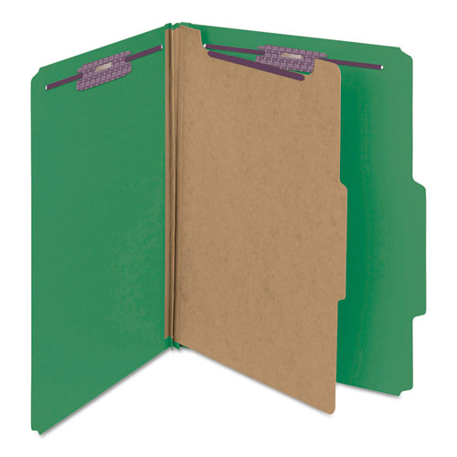 Image of Smead™ Four-Section Pressboard Top Tab Classification Folders, Four Safeshield Fasteners, 1 Divider, Letter Size, Green, 10/Box
