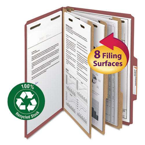 100% RECYCLED PRESSBOARD CLASSIFICATION FOLDERS, 3 DIVIDERS, LEGAL SIZE, RED, 10/BOX
