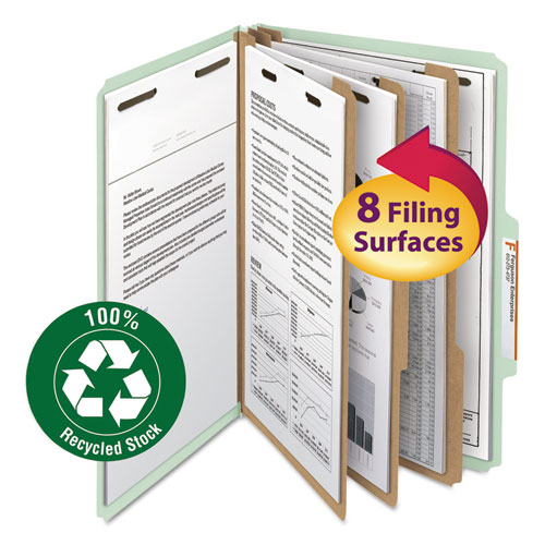 Smead™ Recycled Pressboard Classification Folders, 3" Expansion, 3 Dividers, 8 Fasteners, Legal Size, Gray-Green, 10/Box
