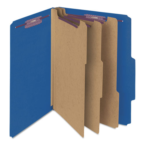 Eight-Section Pressboard Top Tab Classification Folders, 8 SafeSHIELD Fasteners, 3 Dividers, Legal Size, Dark Blue, 10/Box