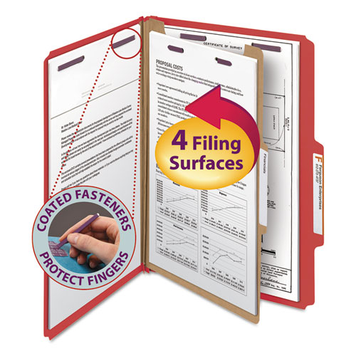 Four-Section Pressboard Top Tab Classification Folders with SafeSHIELD Fasteners, 1 Divider, Legal Size, Bright Red, 10/Box | by Plexsupply