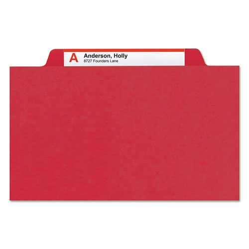 Eight-Section Pressboard Top Tab Classification Folders, 8 SafeSHIELD Fasteners, 3 Dividers, Legal Size, Bright Red, 10/Box