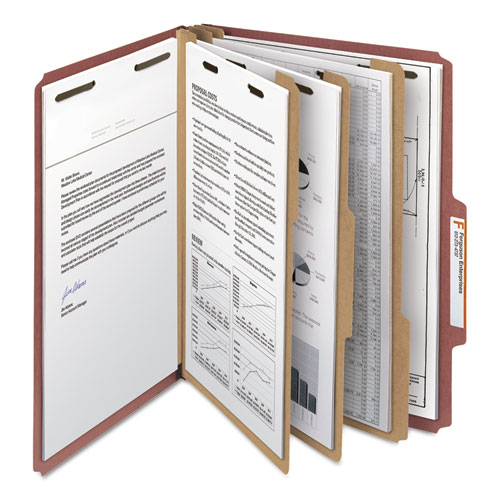 Recycled Pressboard Classification Folders, 3" Expansion, 3 Dividers, 8 Fasteners, Letter Size, Red Exterior, 10/Box