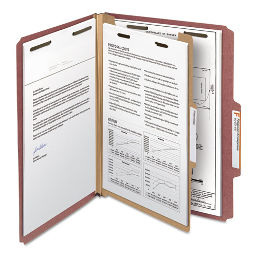 Image of Smead™ Recycled Pressboard Classification Folders, 2" Expansion, 1 Divider, 4 Fasteners, Letter Size, Red Exterior, 10/Box