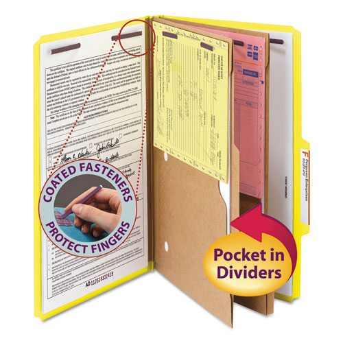 6-SECTION PRESSBOARD TOP TAB POCKET-STYLE CLASSIFICATION FOLDERS WITH SAFESHIELD FASTENERS, 2 DIVIDERS, LEGAL, YELLOW, 10/BX