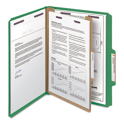 Image of Smead™ Four-Section Pressboard Top Tab Classification Folders, Four Safeshield Fasteners, 1 Divider, Letter Size, Green, 10/Box