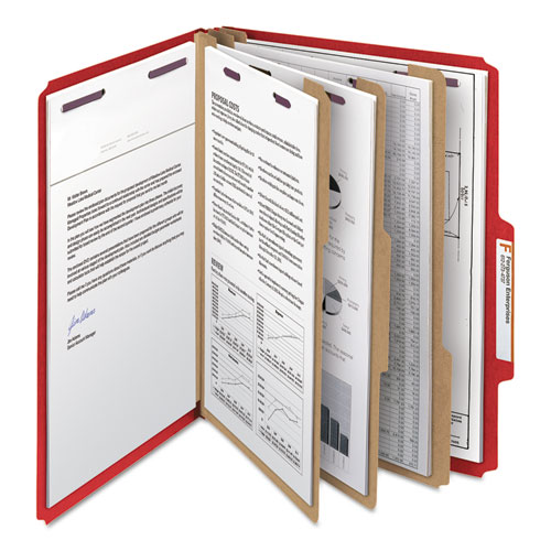 Eight-Section Pressboard Top Tab Classification Folders, 8 SafeSHIELD Fasteners, 3 Dividers, Letter Size, Bright Red, 10/Box